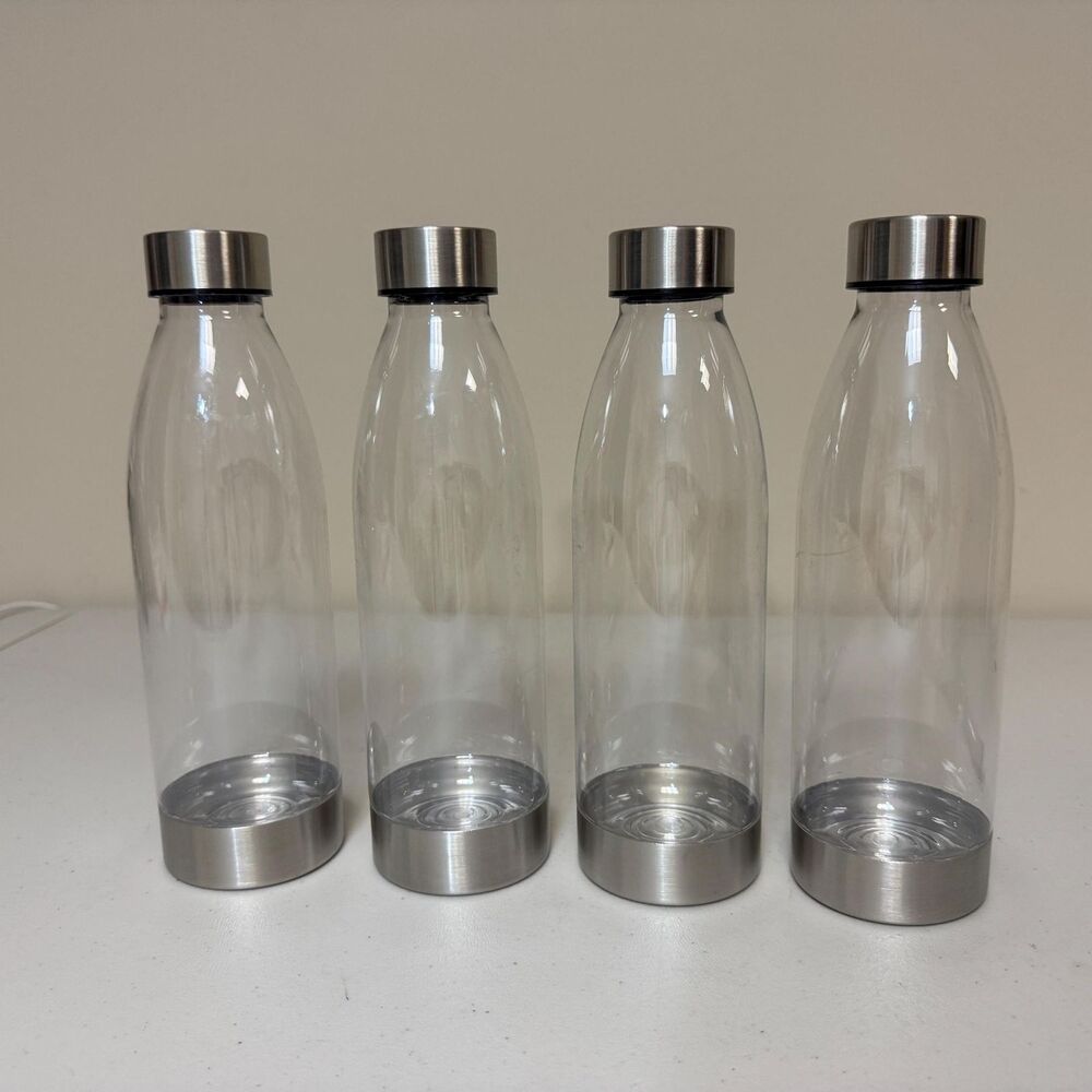 NWT Water Bottles Mainstays Set of 4 Clear Plastic Drinking 22oz Stainless Steel